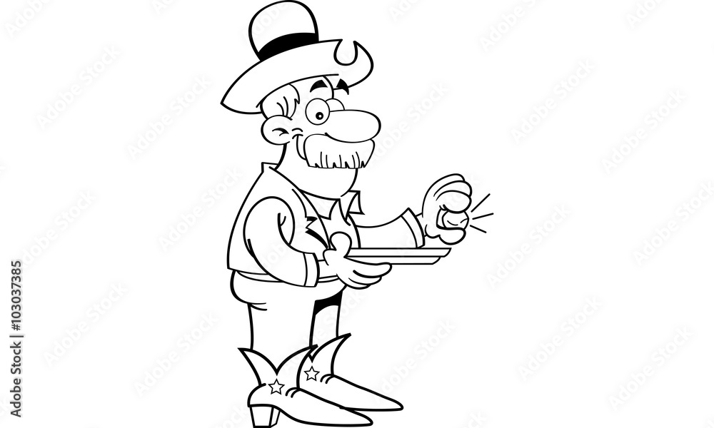 Black and white illustration of a prospector holding a gold nugget.