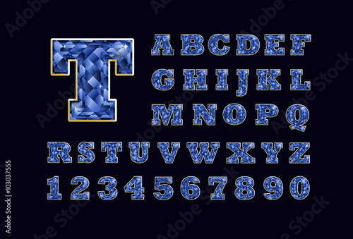 Stylized  vector sparkling jeweled Blue Topaz precious stone  fancy latin abc alphabet typography. Use letters to make your own text.