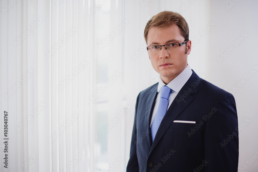 Portrait of serious businessman, dark blue suit with a blue tie and glasses, standing in office in front of windows. Portrait of serious businessman, dark blue suit with a blue tie and glasses, standing in office in front of windows.