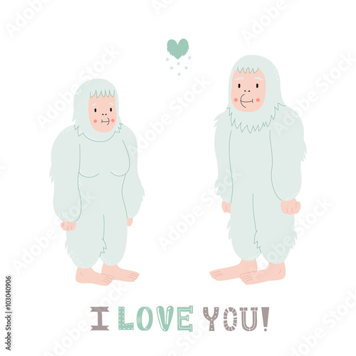 Yeti cute couple in love with heart vector illustration. I love you! greeting card.