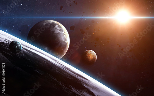Planets over the nebulae in space. This image elements furnished by NASA