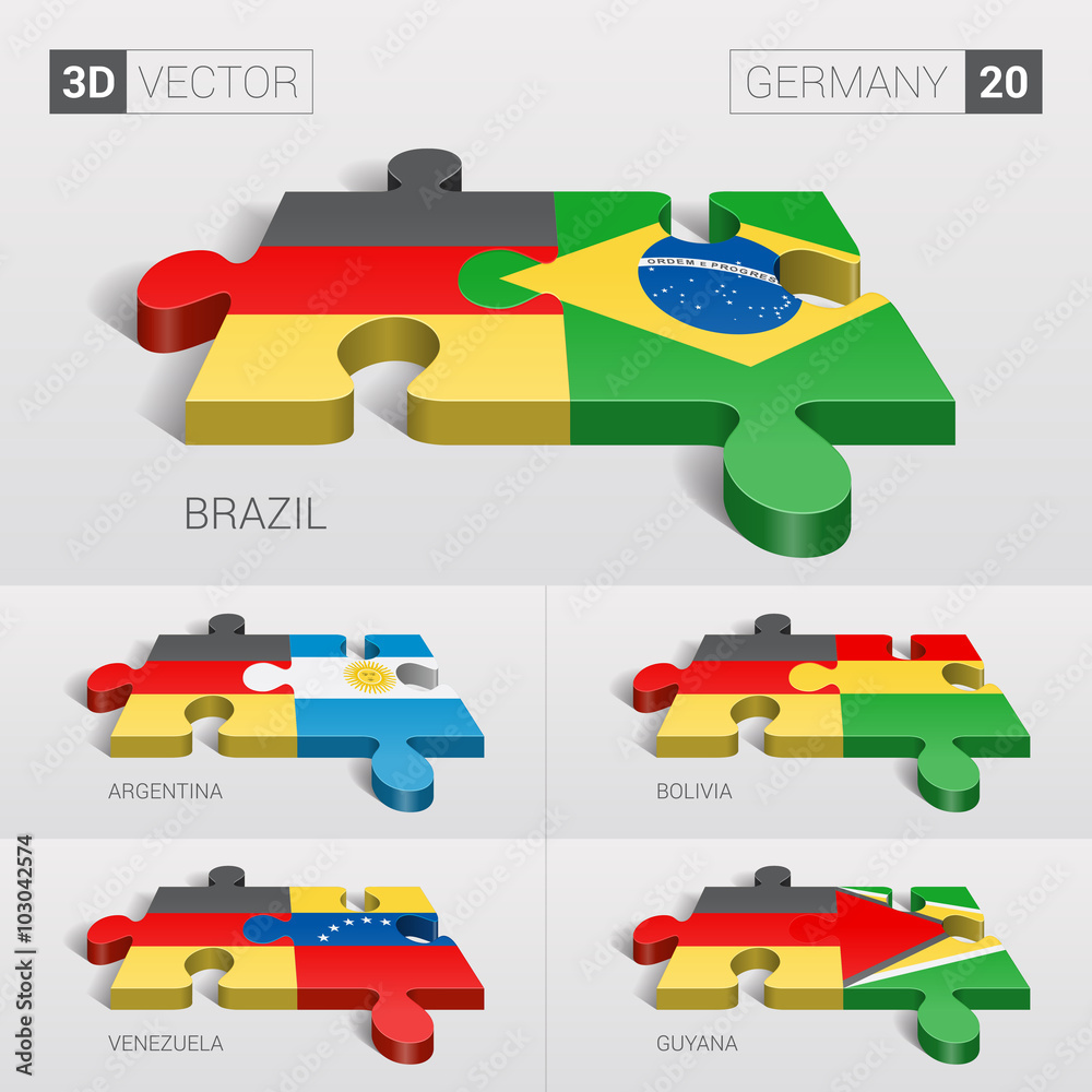 Germany and Brazil, Argentina, Bolivia, Venezuela, Guyana Flag. 3d vector puzzle. Set 20.