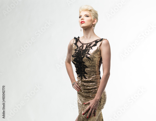 Woman Beauty Long Fashion Dress, Elegant Girl In Gold Gown