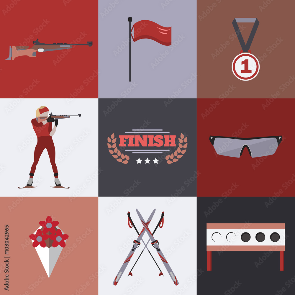 Naklejka premium Biathlon icons set. Flat style design. Target, ski, gun, woman shooting silhouette.
