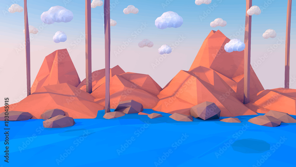 Obraz Low poly mountains landscape vector background. Polygonal shapes peaks with snow on top and trees around. Sunset wallpaper. Eps10 vector illustration.