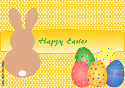 Osterkarte mit Schriftzug Happy Easter und Osterhasen mit Ostereiern auf gelben Hintergrund mit Ostereiermuster