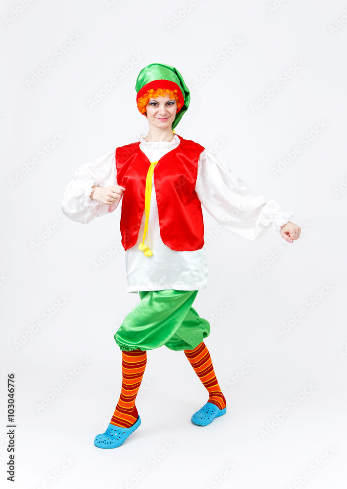 Theatre actress in fairy tale costume of elf on white