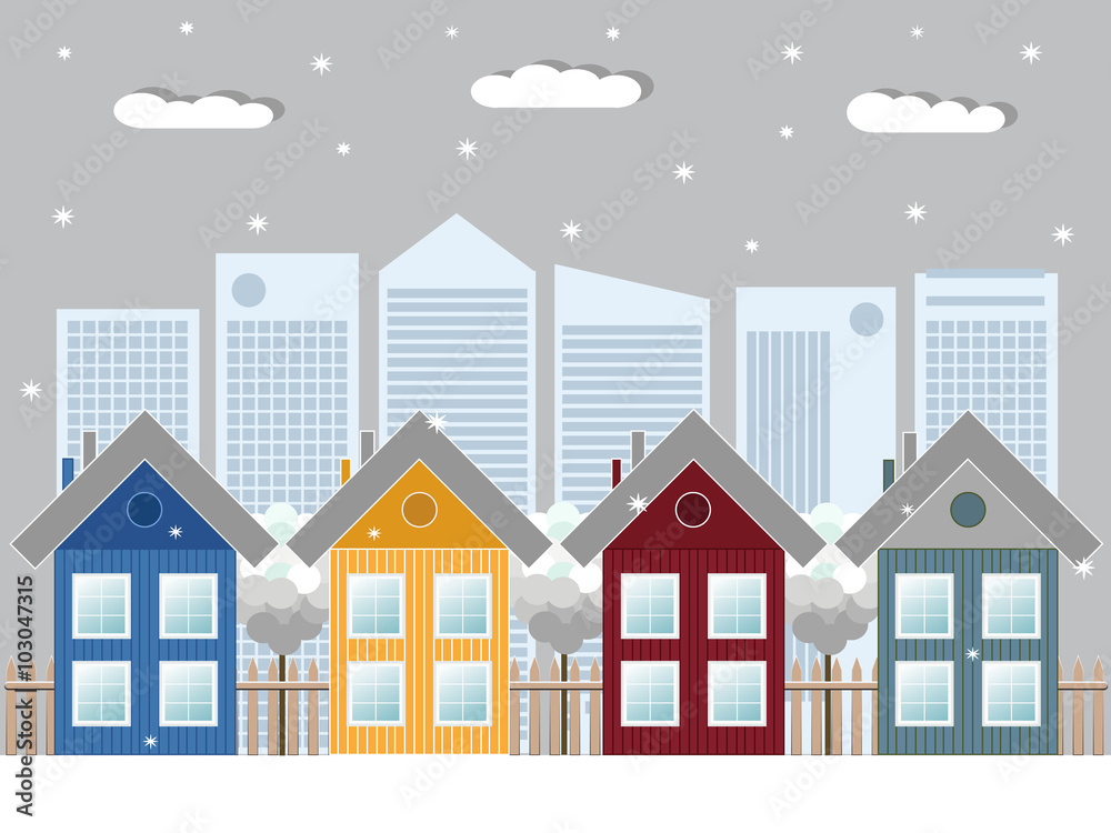 Fototapeta premium Cozy Wooden Houses, Winter Theme