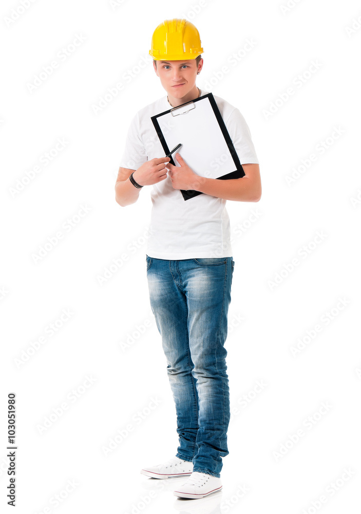 Foreman with hard hat, showing blank clipboard Foreman with hard hat, showing blank clipboard
