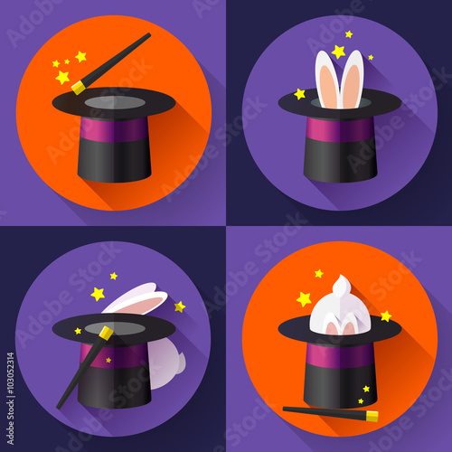 Set of icons Funny Rabbit in a magic hat