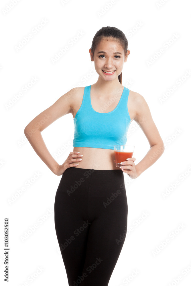 Beautiful healthy Asian girl with tomato juice Beautiful healthy Asian girl with tomato juice