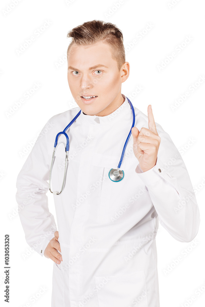 Confusion  young  male doctor in white coat and stethoscope. Peo