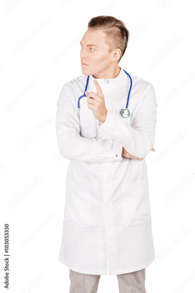 Confusion young male doctor in white coat and stethoscope. Peo Confusion young male doctor in white coat and stethoscope. Peo