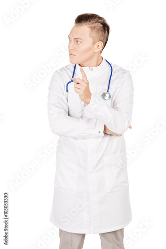 Confusion  young  male doctor in white coat and stethoscope. Peo