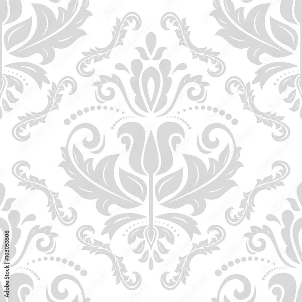 Damask seamless silver ornament. Traditional pattern. Classic oriental background