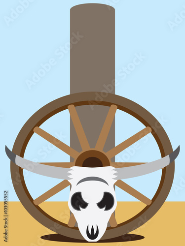 Flat vector steer skull and wagon wheel resting against fence post in desolate landscape