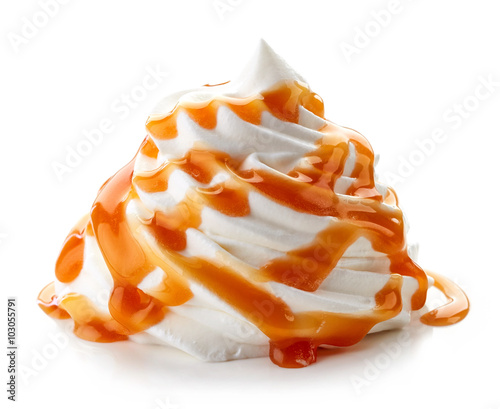 whipped cream with caramel sauce on white background