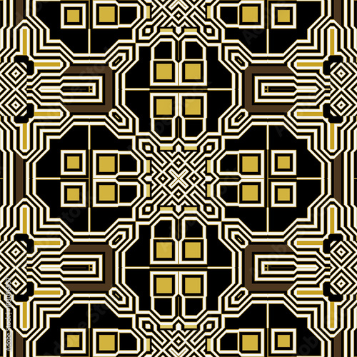 Abstract seamless retro black, white and gold pattern of squares, rectangles and geometric motifs