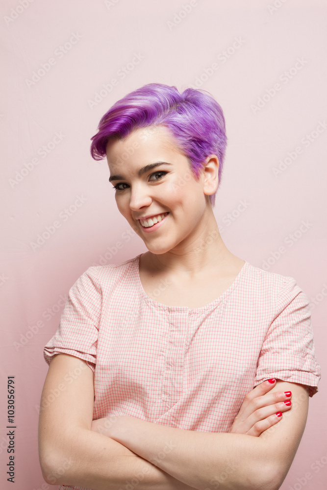 Violet-short-haired woman in pink pastel, laughing Violet-short-haired woman in pink pastel, laughing