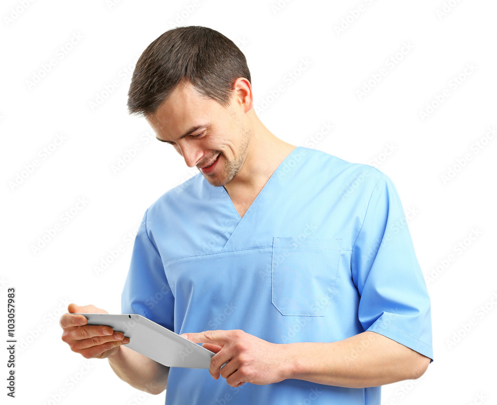 Doctor with tablet isolated on white Doctor with tablet isolated on white