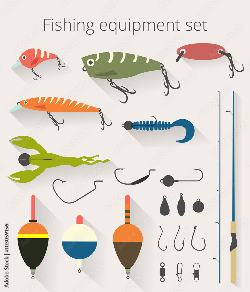 Fishing set of accessories for spinning fishing with crankbait lures and  twisters and soft plastic bait fishing float Stock Vector