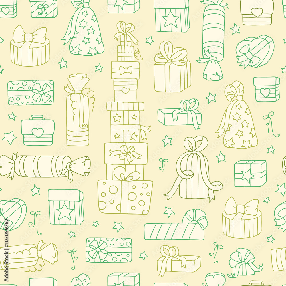 Set of cute doodle gift boxes for your designs (birthday party, wedding). Collection of cartoon presents with hearts, ribbon, stars. Hand drawn vector seamless pattern for wallpaper, surface textures. Set of cute doodle gift boxes for your designs (birthday party, wedding). Collection of cartoon presents with hearts, ribbon, stars. Hand drawn vector seamless pattern for wallpaper, surface textures.