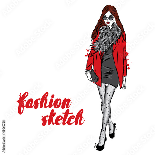 Fashion sketch. The girl in trousers and coats. Postcard with a girl in a coat.