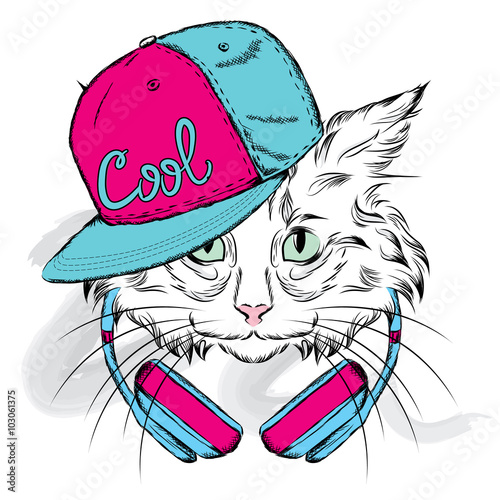 Cute cat in the vector. Cat in the headphones. Hipster.