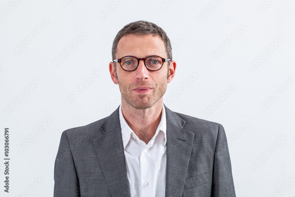 reflection concept - portrait of thoughtful modern male manager with eyeglasses with business inspiration, white background studio reflection concept - portrait of thoughtful modern male manager with eyeglasses with business inspiration, white background studio