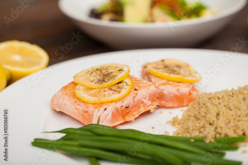 Closeup of a hearty dinner with salmon