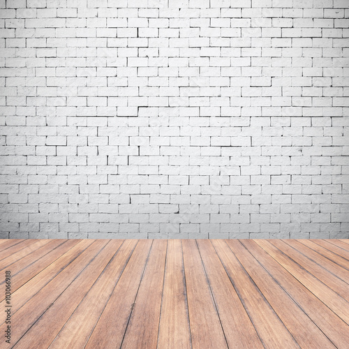 white brick wall and wooden floor texture background