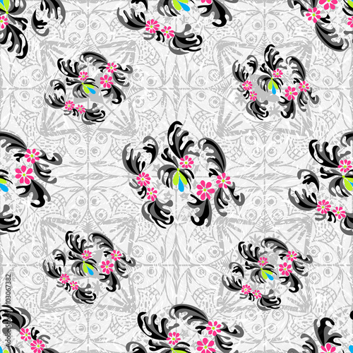 Flowers abstract seamless vector pattern grunge effect background