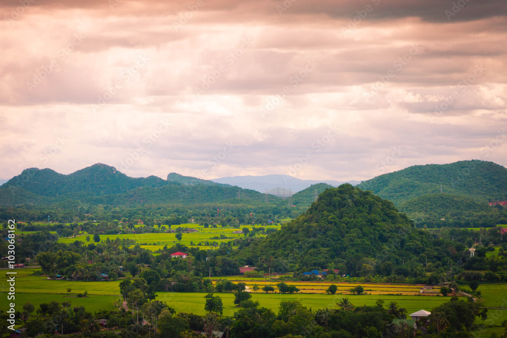 Thailand landscape of rural city and moutain under the blue sky.