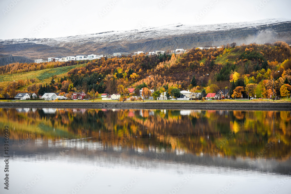 Akureyri in autumn of Iceland