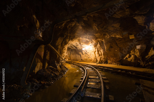 Underground gold mine ore tuneel with rails Berezovsky mine Ural