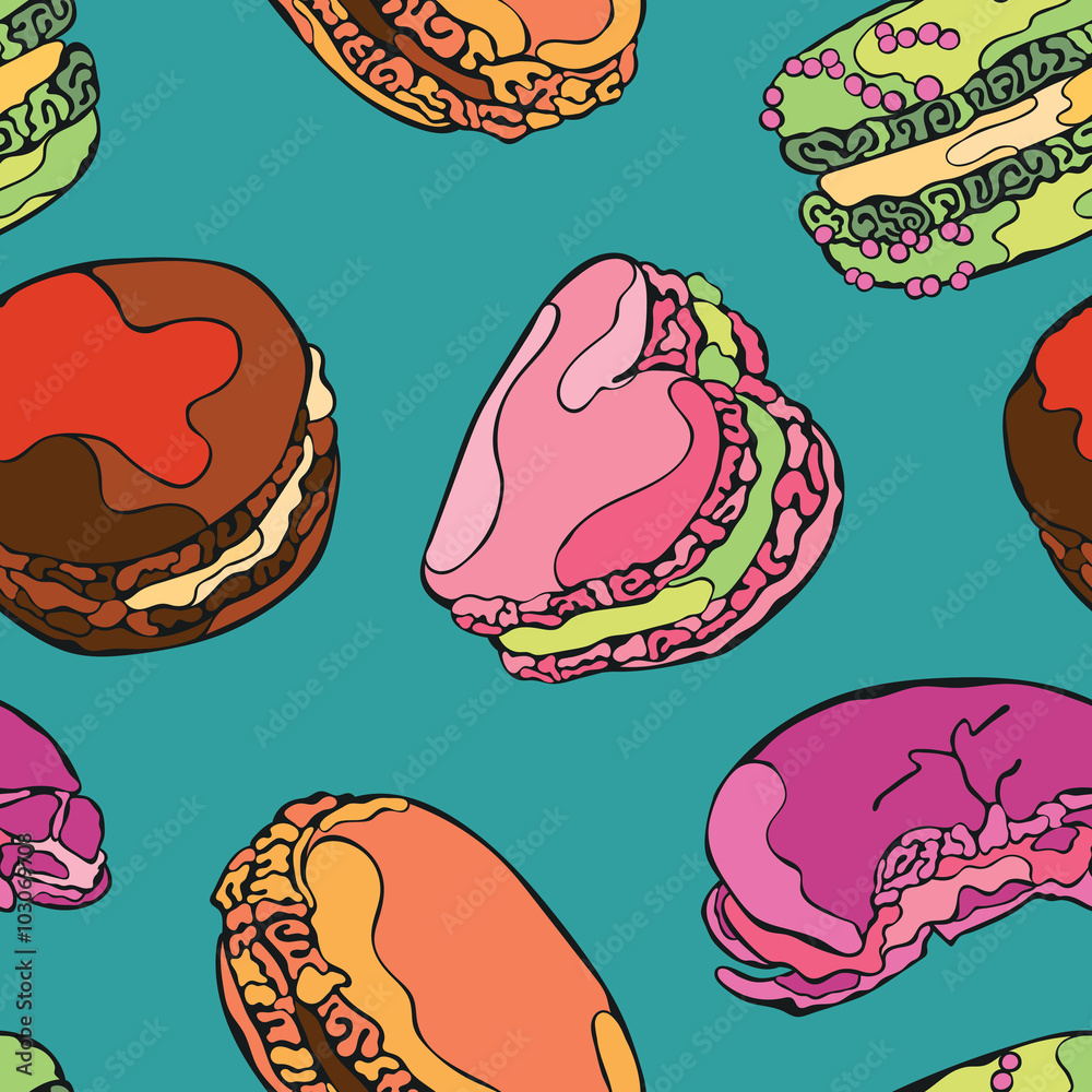 Macaroon. Dessert - Candy. Vector seamless pattern (background). Bright colored drawing. Macaroon. Dessert - Candy. Vector seamless pattern (background). Bright colored drawing.