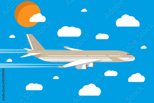 picture of a civilian plane with clouds and sun