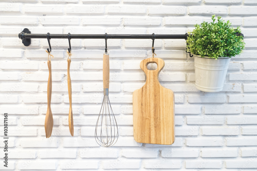 kitchen rack on white brick wall kitchen rack on white brick wall