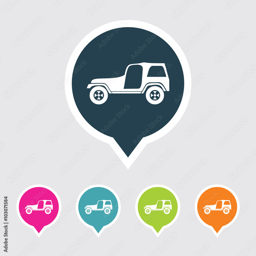 Very Useful Editable Jeep Icon on Different Colored Pointer Shape. Eps-10. Very Useful Editable Jeep Icon on Different Colored Pointer Shape. Eps-10.