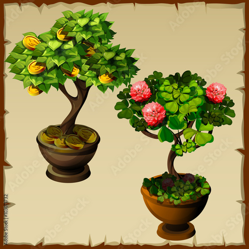 Two trees bonsai with coins and flowers