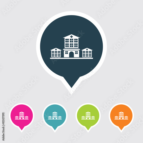 Very Useful Editable Hospital Building Icon on Different Colored Pointer Shape. Eps-10. © bharatmanoj