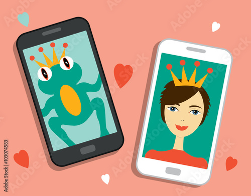 Funny selfie photo. Frog prince and beauty boy make selfie photo. Flat love theme design. Vector.