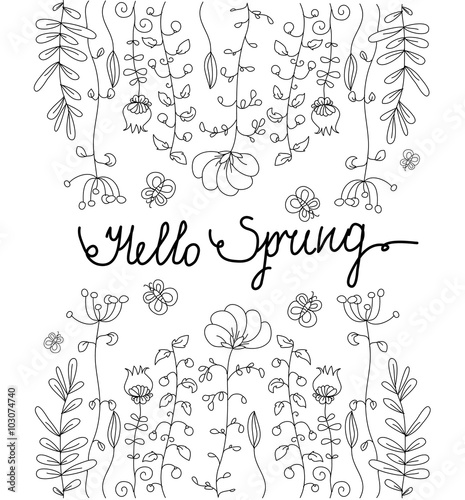 monochrome floral garden with butterfly with the words Hello spring on white background