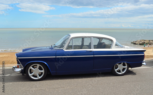  Classic Blue and White Humber Sceptre on Felixstowe seafront in vintage car rally.