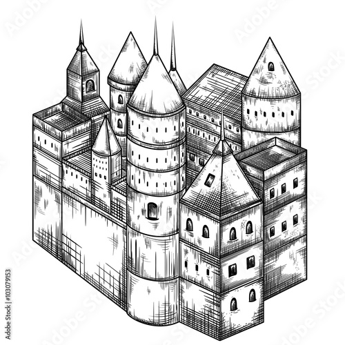 Fairy medieval  castle. Vintage black and white hand drawn vector illustration
