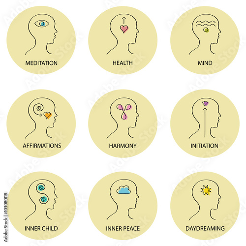 Symbols of meditation and alternative healing vector icon set
