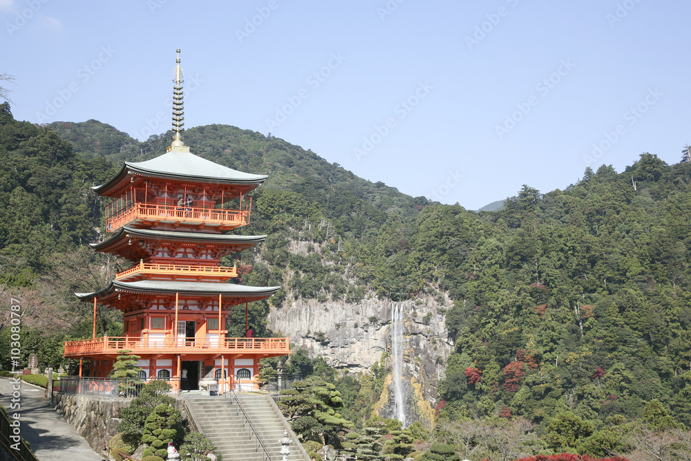 Three-story pagoda, and Nachi falls. Kumano kodo, Wakayama, Japa Three-story pagoda, and Nachi falls. Kumano kodo, Wakayama, Japa