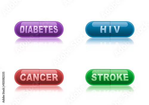 Four colored medicine capsules labeled diabetes, HIV, cancer and stroke.