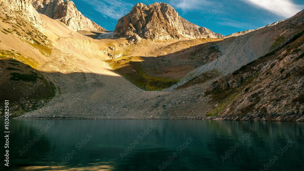 4K Timelapse. Splashes of water in a mountain lake the gorge Sayramsu, Kazakhstan