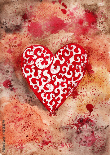 Ornamental symbol of playing cards hearts on watercolor background